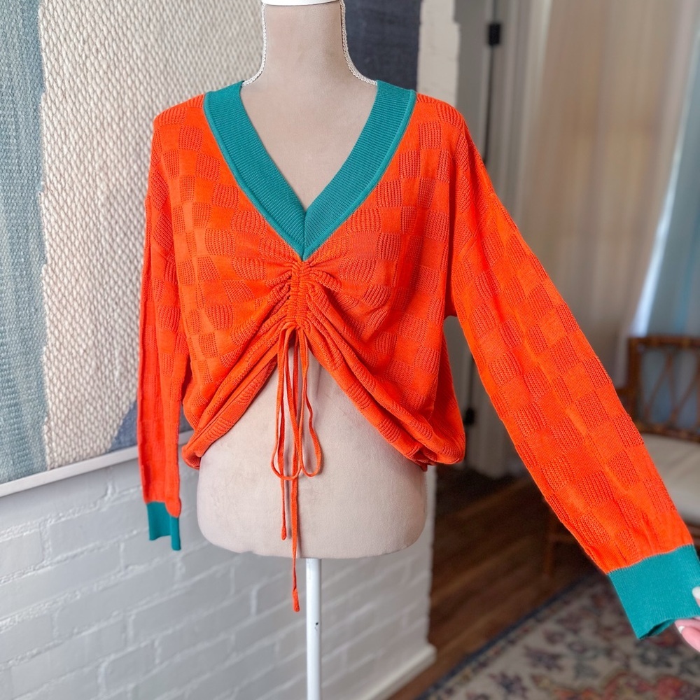 SHEIN Green and Orange Textured Knit Cinched Cropped Sweater
